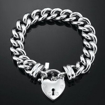 925 Sterling Silver Plated 12mm Euro Curb Chain Bracelet Featuring a Plain Locket - USA Made-3