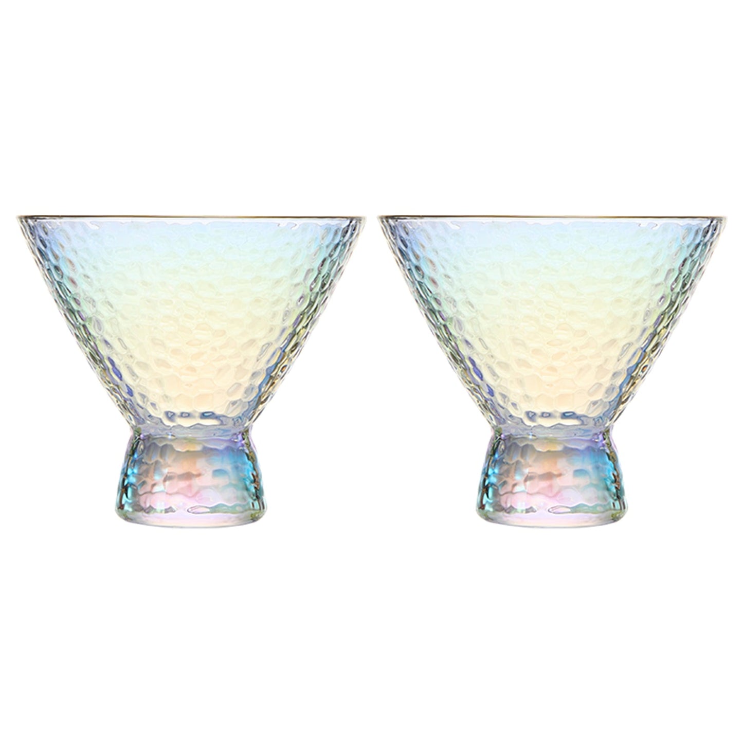 Iridescent Lustered Stemless Martini Glasses Set of 2 - Hammered Cocktail & Martini Glasses - Luxury Gift Box - Gold Rim 8oz Colorful Stemless Glassware - Weddings, Anniversary, Christmas, Barware