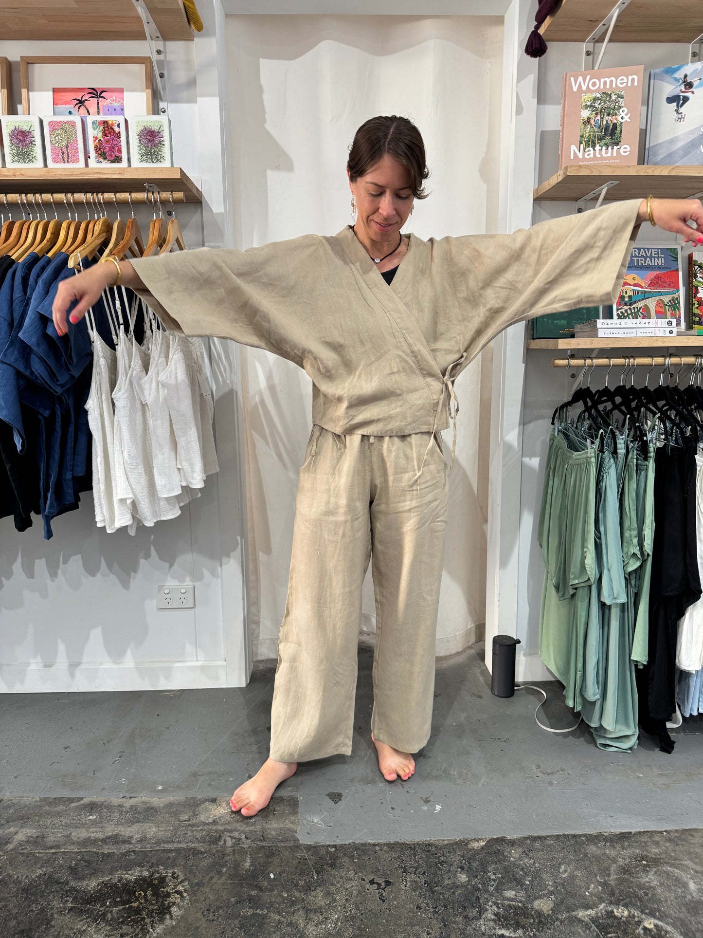 Linen Set - Wrap Shirt & Wide Leg Pant in Latte Linen | Bundle