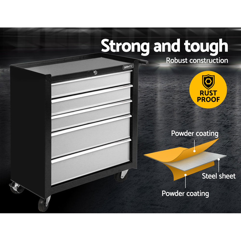NNEDSZ 5 Drawer Mechanic Tool Box Storage Trolley - Black & Grey-2