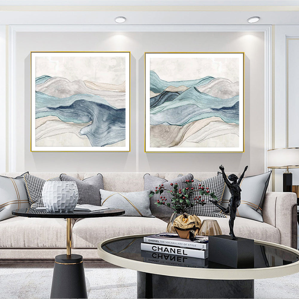 NNEDSZ Wall Art 60cmx60cm Blue Mountain 2 Sets Gold Frame Canvas