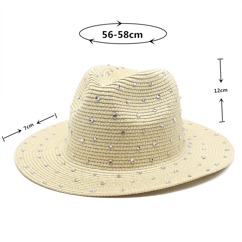 NNEDSZ Khaki Women's Wide-Brim Straw Hat with Rhinestones - Elegant and Breathable Sun Hat for Summer Outdoors,M(56-58cm)-1