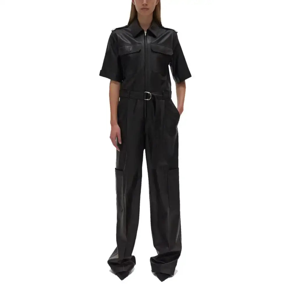 Women’s Classy Black Baggy Leather Jumpsuit