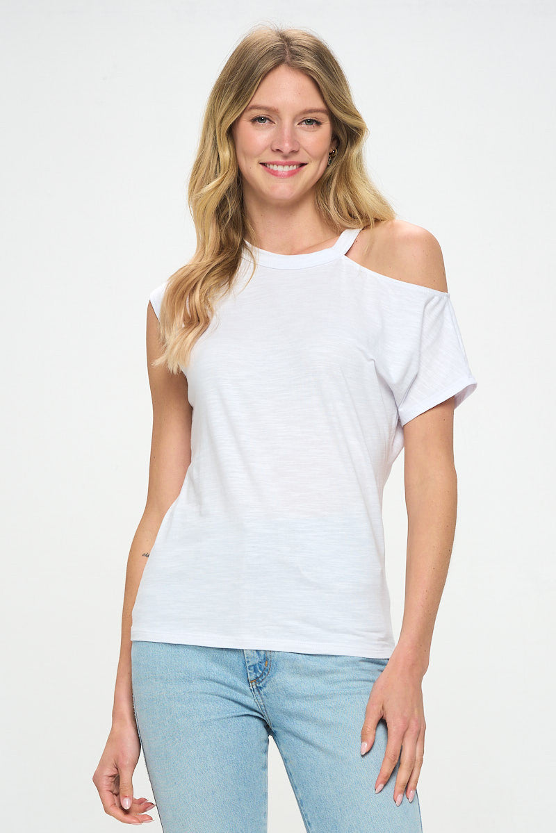 Cotton Slub Spandex One Open Shoulder Knit Top-2