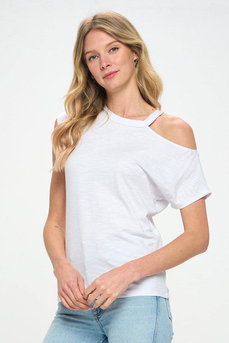 Cotton Slub Spandex One Open Shoulder Knit Top-3