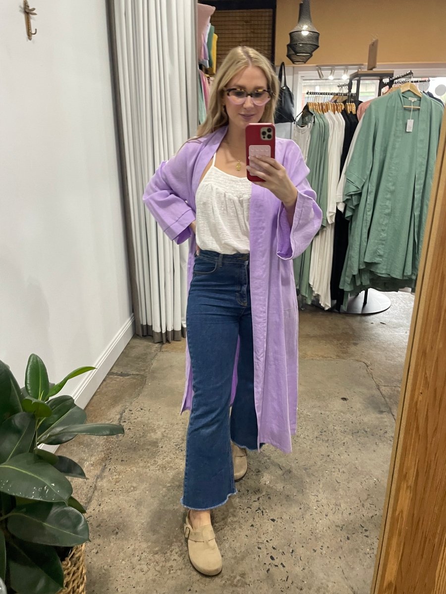 Long Linen Bathrobe in Purple