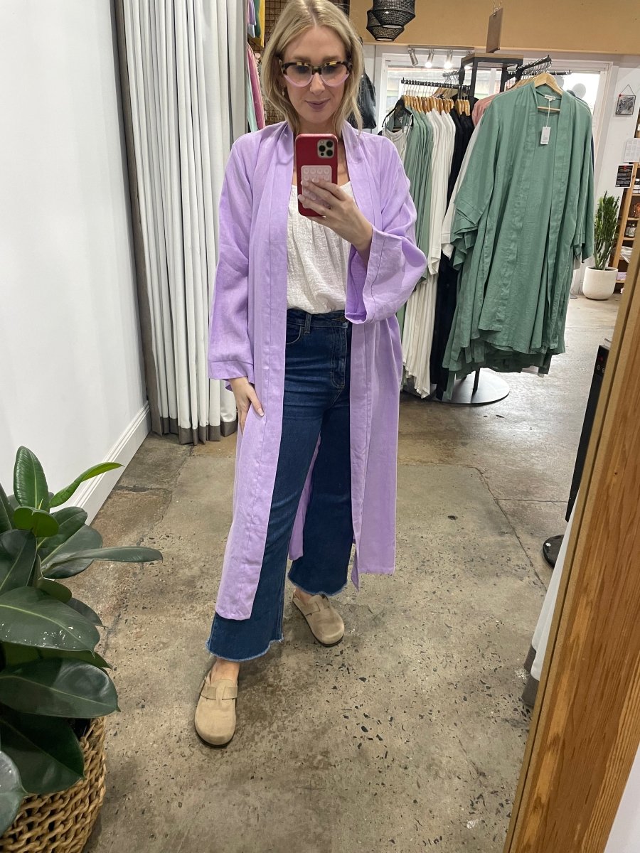 Long Linen Bathrobe in Purple