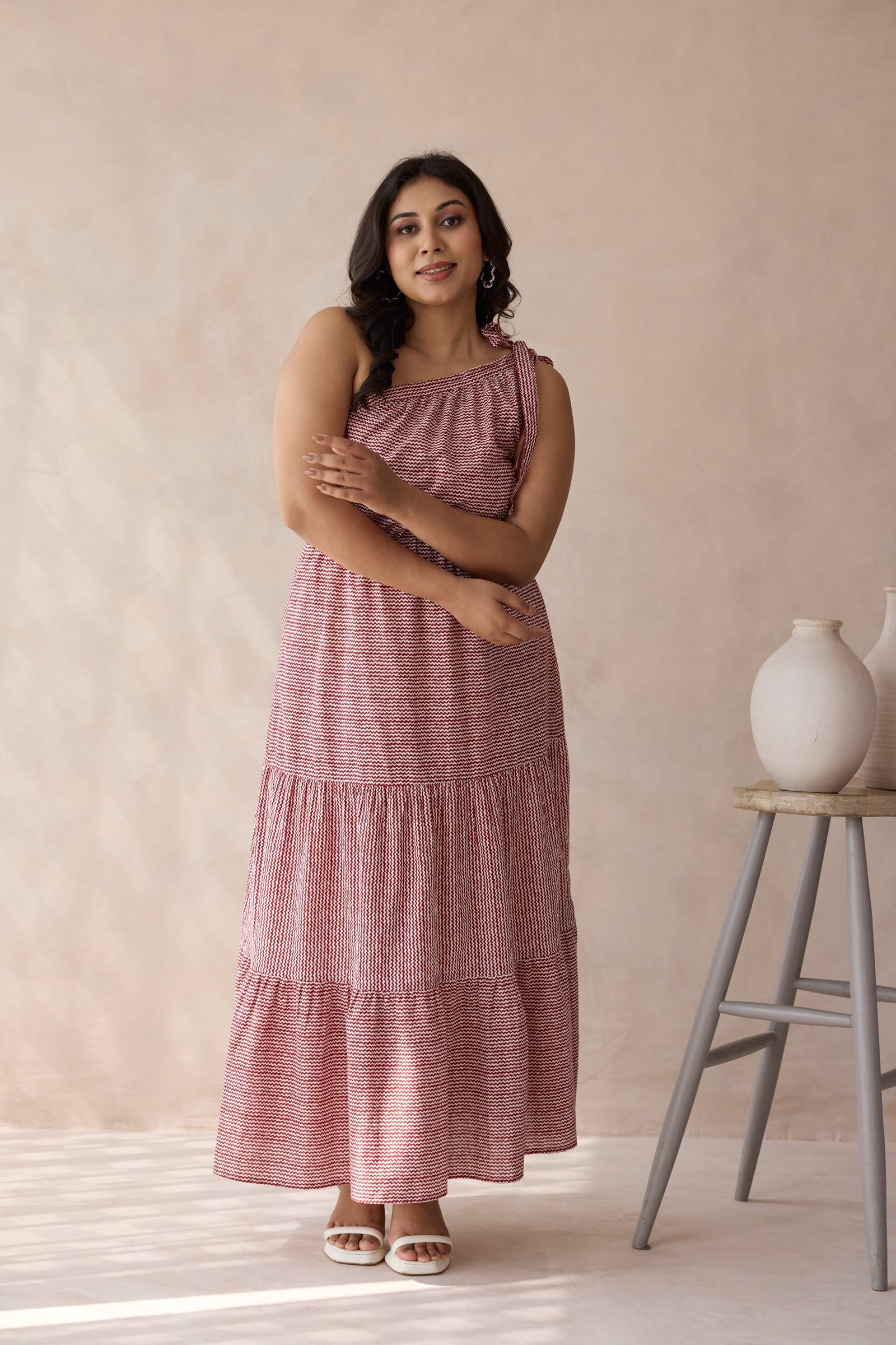 Muted Red One-Shoulder Tiered Cotton Maxi Dress-1