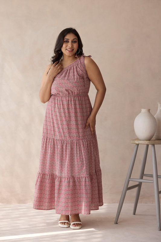 Muted Red One-Shoulder Tiered Cotton Maxi Dress-0