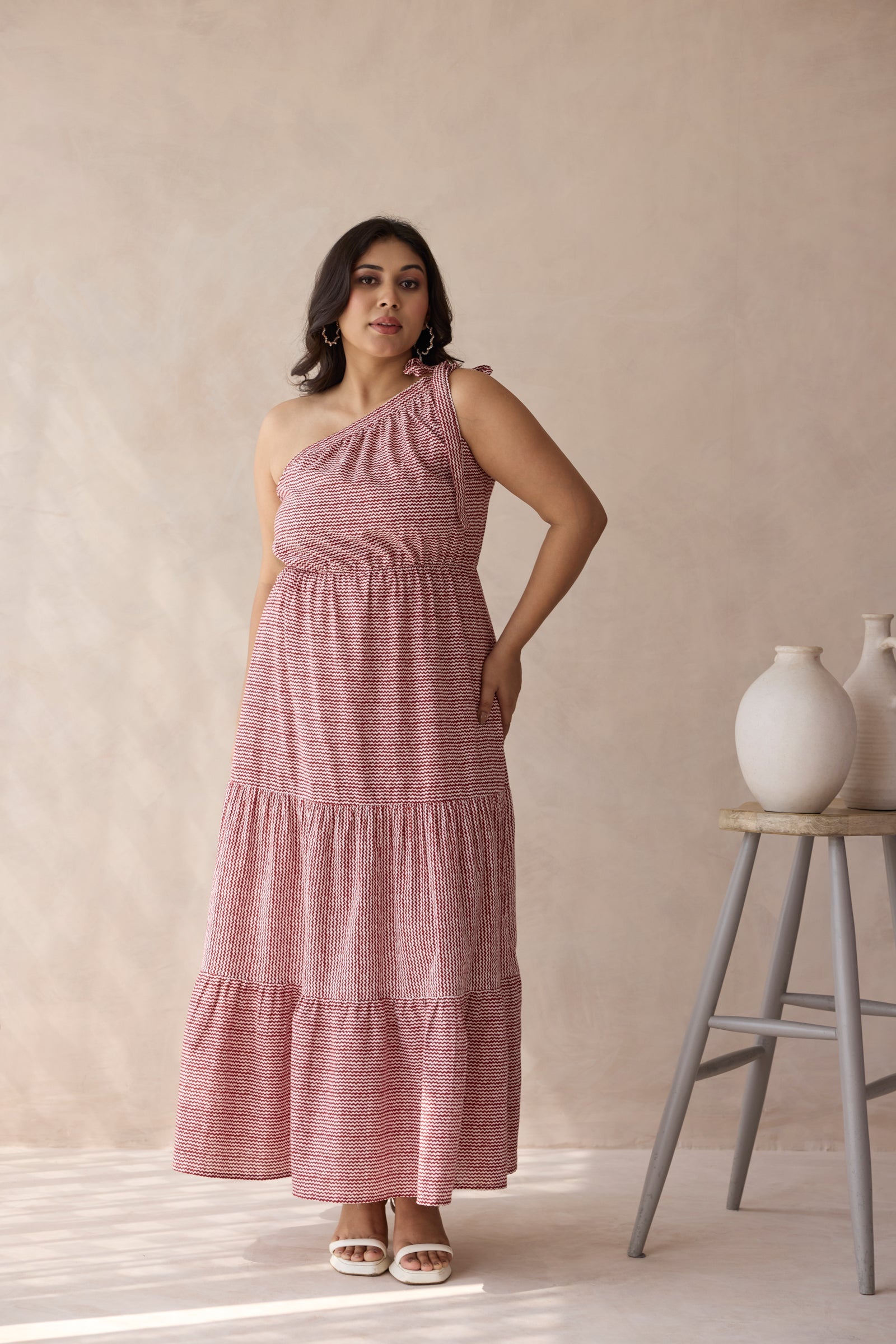 Muted Red One-Shoulder Tiered Cotton Maxi Dress-2