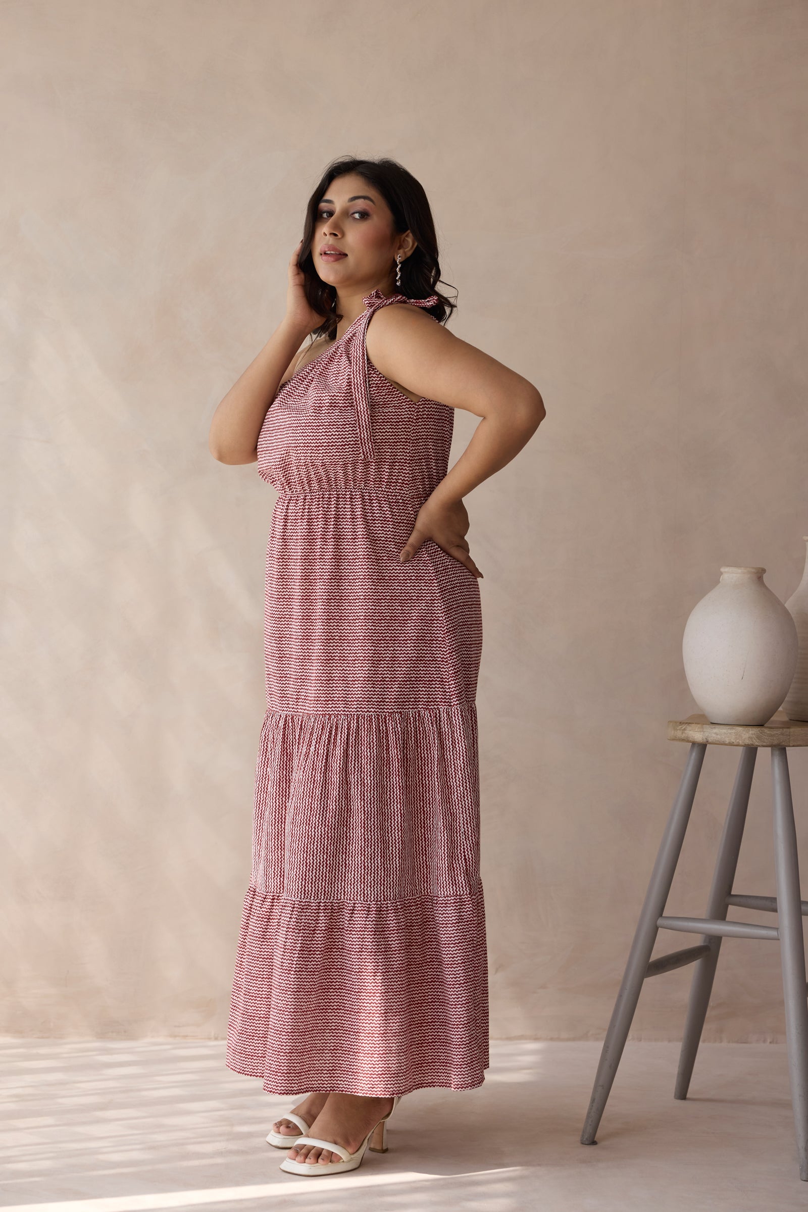 Muted Red One-Shoulder Tiered Cotton Maxi Dress-3