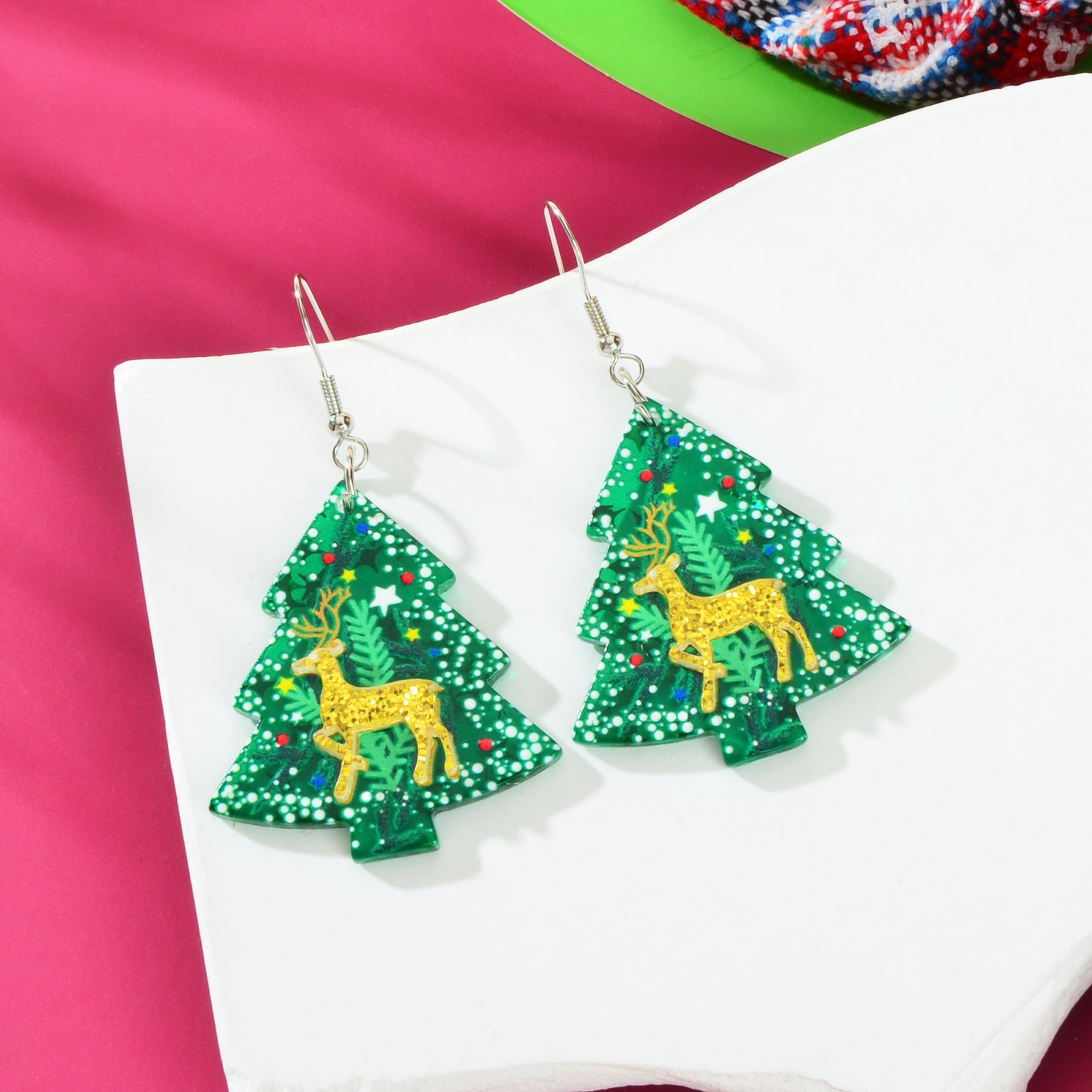 Deer Pattern Green Christmas Tree Acrylic Dangle Earrings Festival Jewellery-2