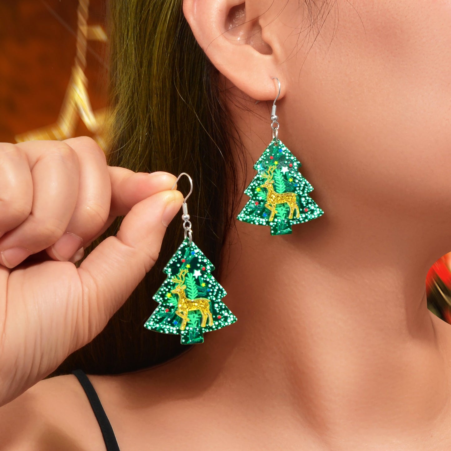 Deer Pattern Green Christmas Tree Acrylic Dangle Earrings Festival Jewellery-1