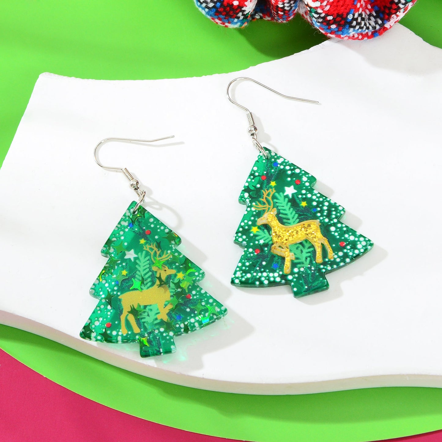 Deer Pattern Green Christmas Tree Acrylic Dangle Earrings Festival Jewellery-3