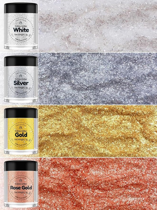 Edible Glitter Luster Dust - Food Grade - Edible, Set of 4 Colors, 3 grams - Glitter for Cocktails, Cake Decorating, Macaron, Candy, Icing Cream, Cookies, Chocolates, Fondant Pops - Halal, Vegan, Gluten-Free, Dairy-Free