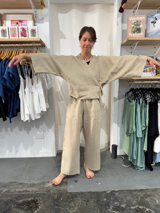 Linen Set - Wrap Shirt & Wide Leg Pant in Latte Linen | Bundle