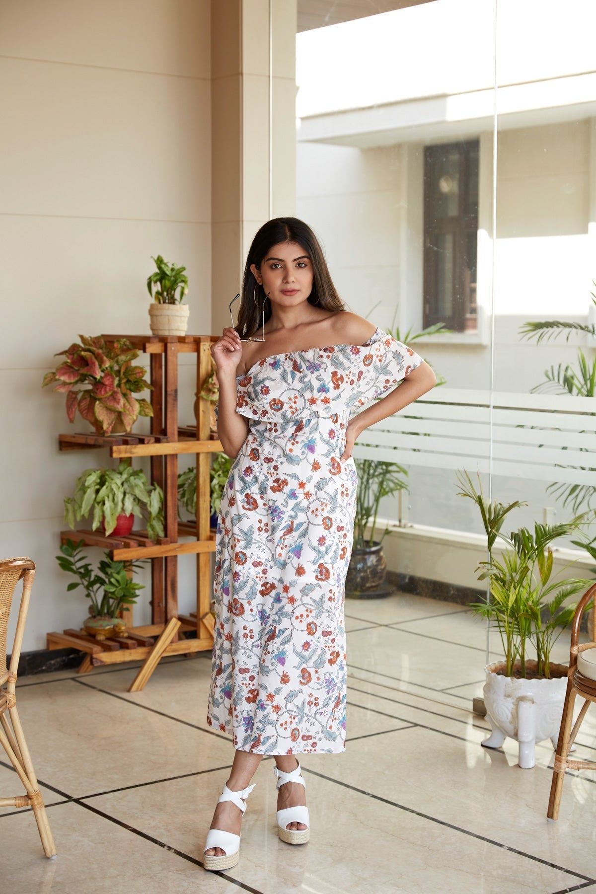 Cotton Floral Off Shoulder Dress-4