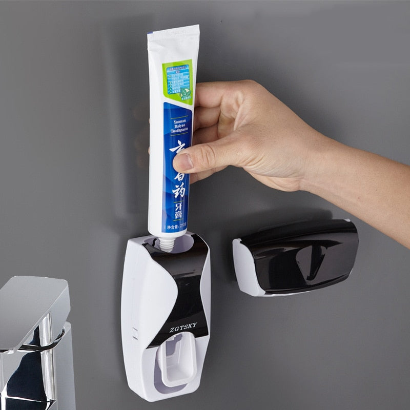 NNEOBA Automatic Toothpaste Dispenser Wall Mount Dust-proof Toothbrush Holder Wall Mount Storage Rack Bathroom Accessories Set Squeezer-2