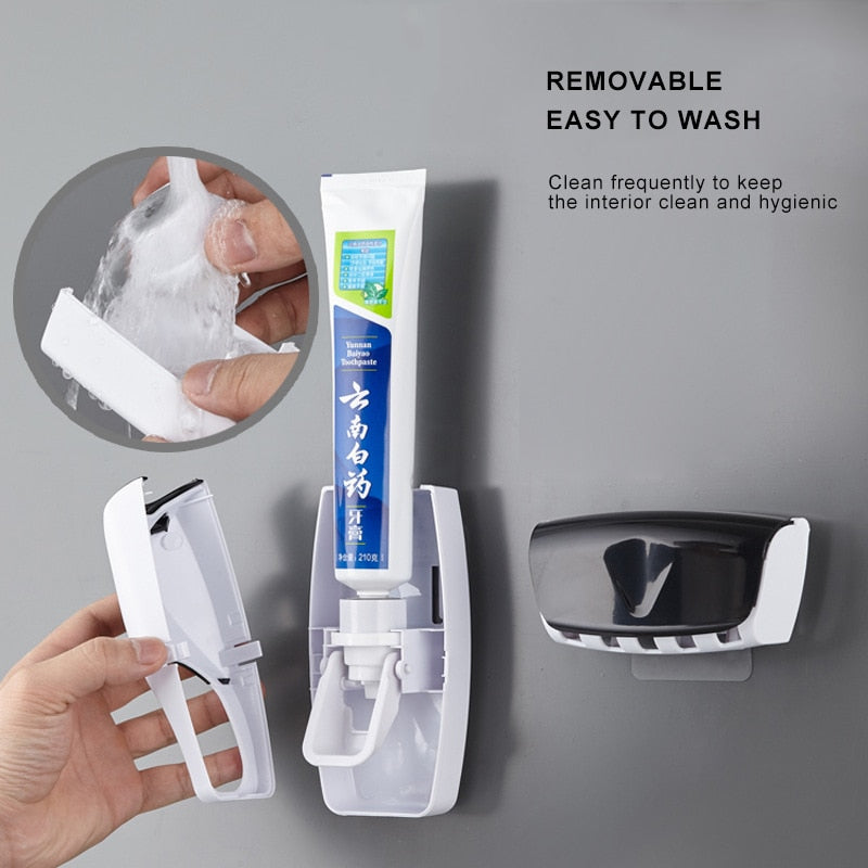NNEOBA Automatic Toothpaste Dispenser Wall Mount Dust-proof Toothbrush Holder Wall Mount Storage Rack Bathroom Accessories Set Squeezer-1