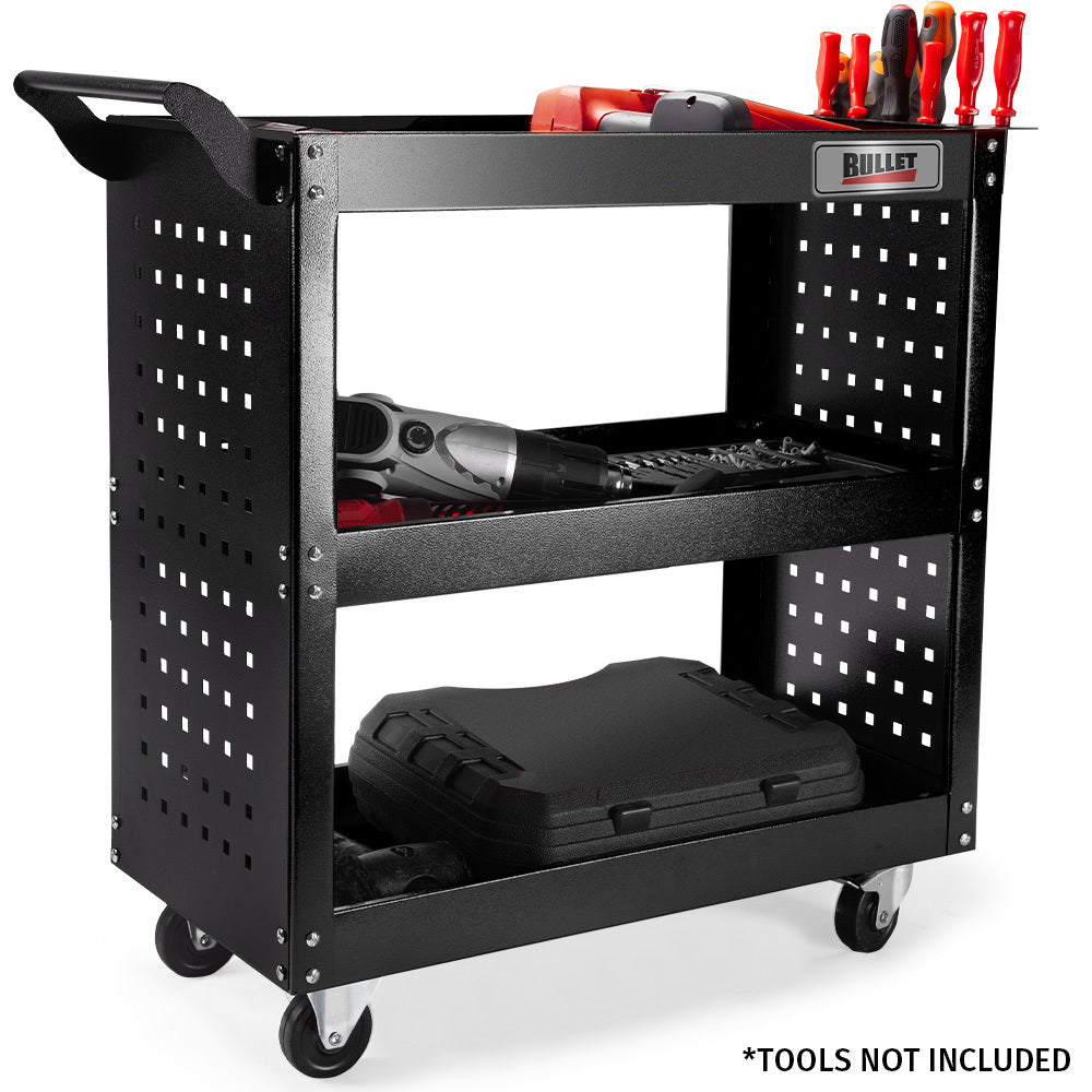 NNEMB 3-Tier Steel Tool Trolley Cart-for Workshop-Mechanic-with Pegboard-Screwdriver Bay-Black-0