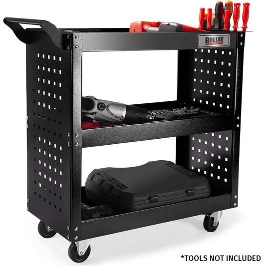 NNEMB 3-Tier Steel Tool Trolley Cart-for Workshop-Mechanic-with Pegboard-Screwdriver Bay-Black-0