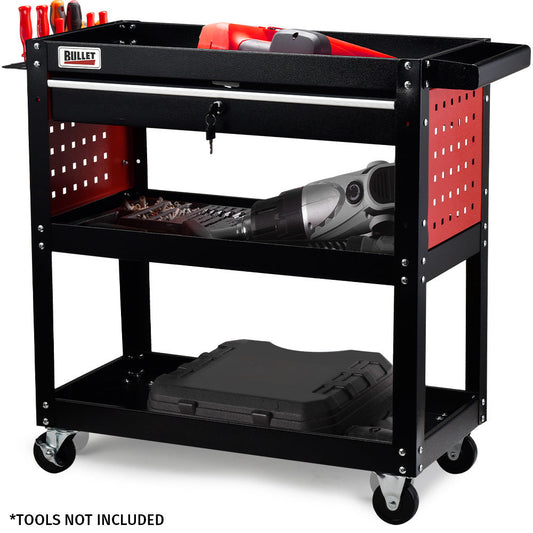 NNEMB 3-Tier Steel Tool Trolley Cart-for Workshop-Mechanic-with Drawer-Pegboard-Screwdriver Bay-Black/Red-0