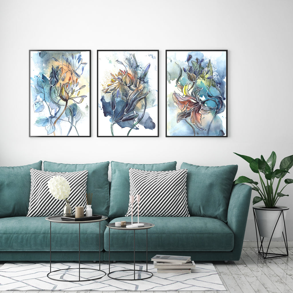 NNEDSZ Wall Art 50cmx70cm Watercolor Style Abstract Flower 3 Sets Black Frame Canvas