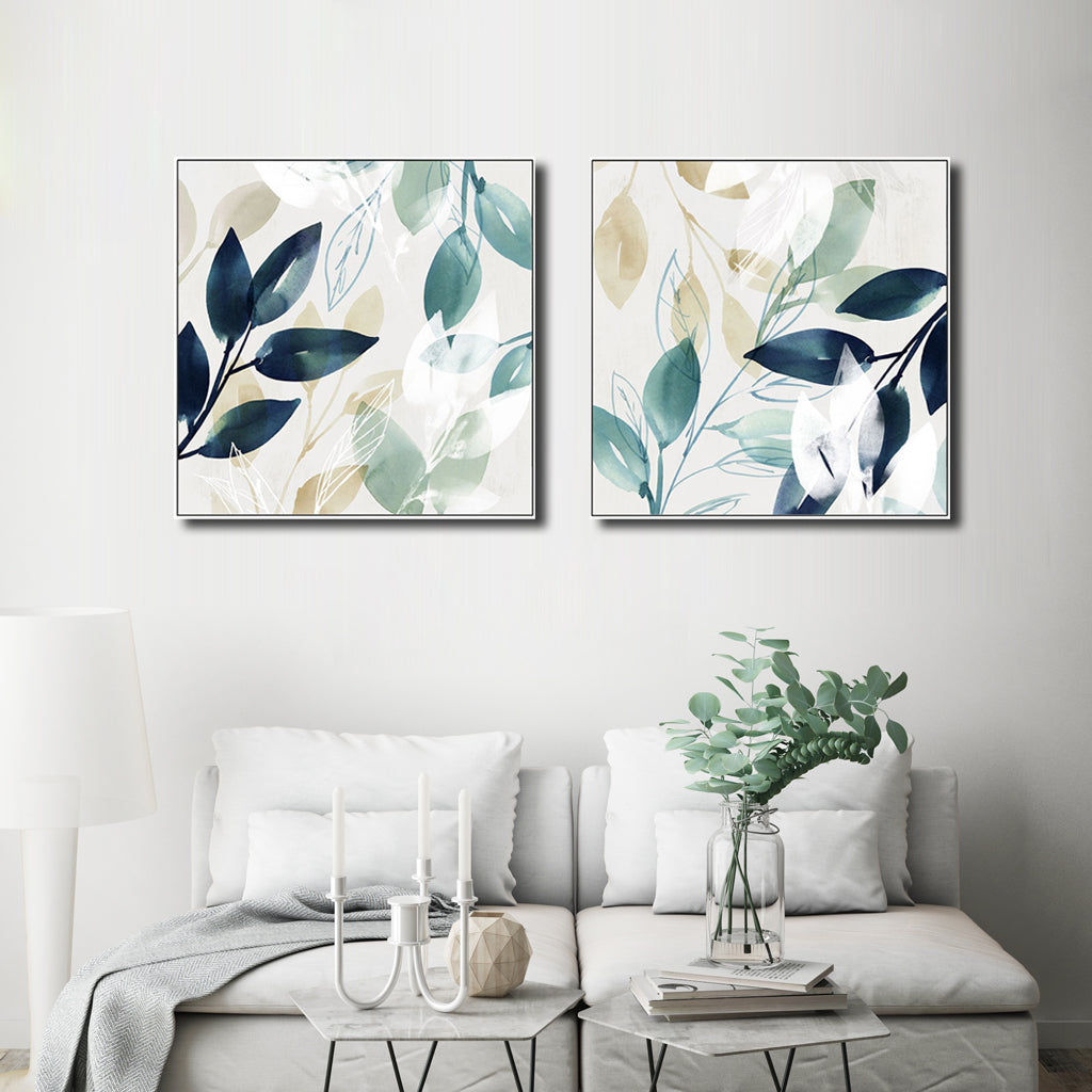 NNEDSZ Wall Art 50cmx50cm Watercolour style leaves 2 Sets White Frame Canvas