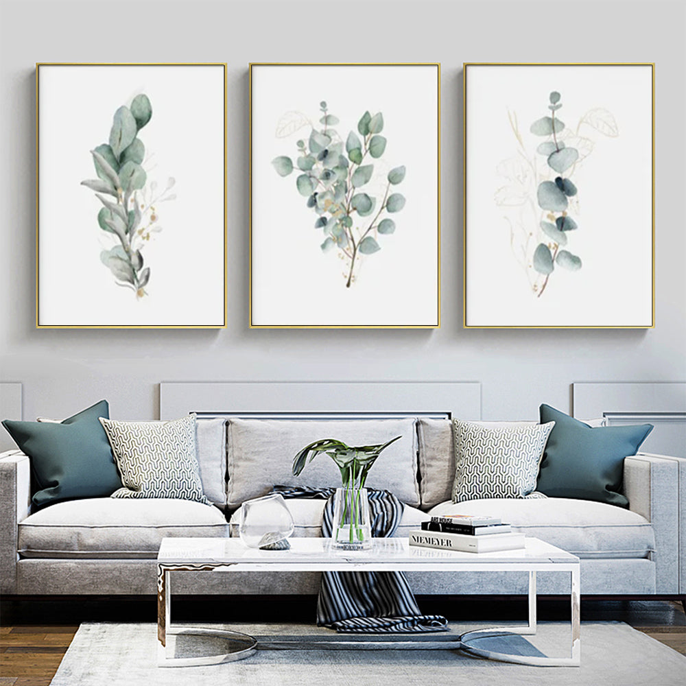 NNEDSZ Wall Art 60cmx90cm Eucalyptus Plant 3 Sets Gold Frame Canvas
