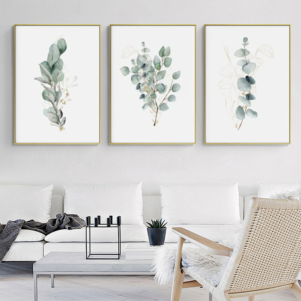 NNEDSZ Wall Art 60cmx90cm Eucalyptus Plant 3 Sets Gold Frame Canvas