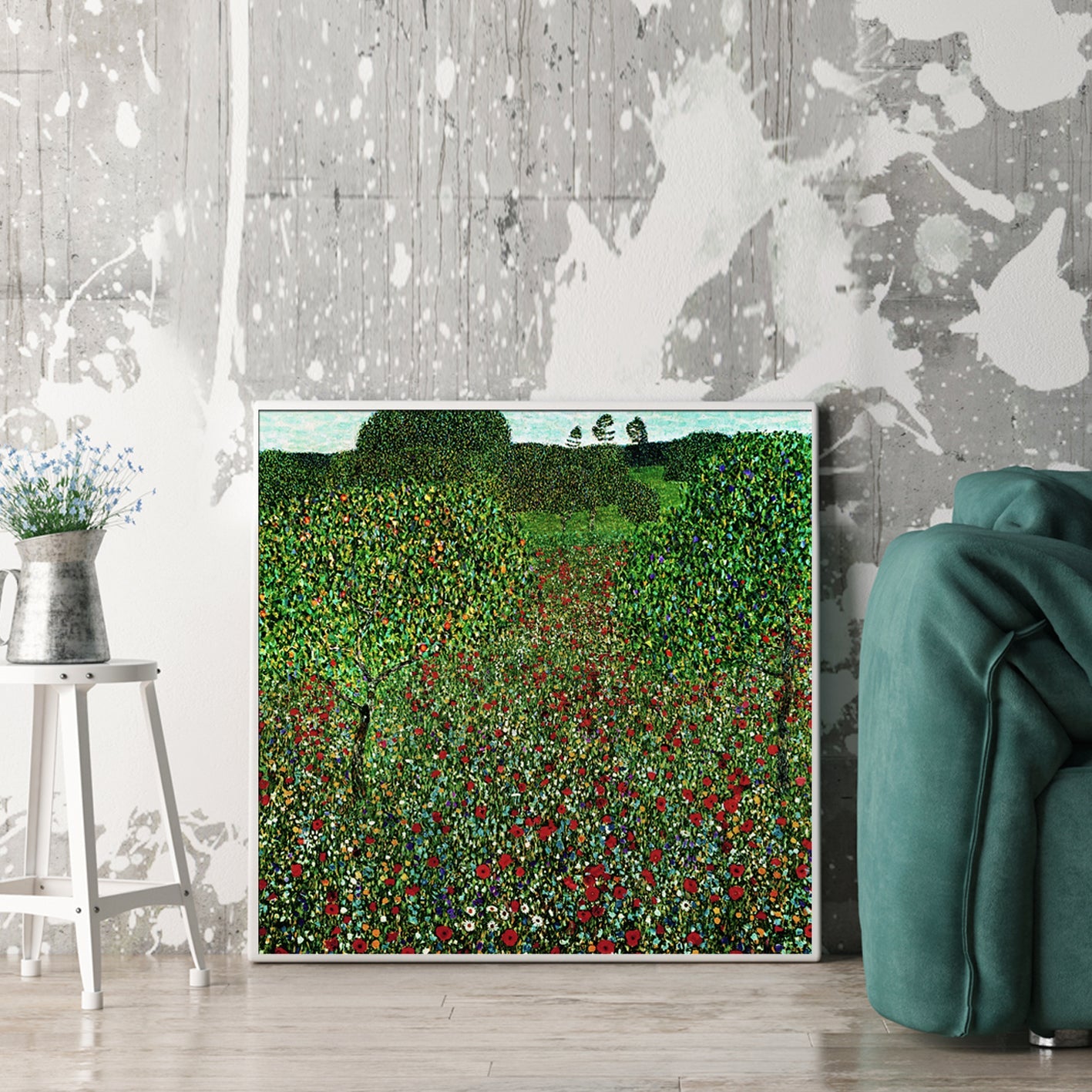 NNEDSZ Wall Art 40cmx40cm Field of Poppies by Gustav Klimt White Frame Canvas