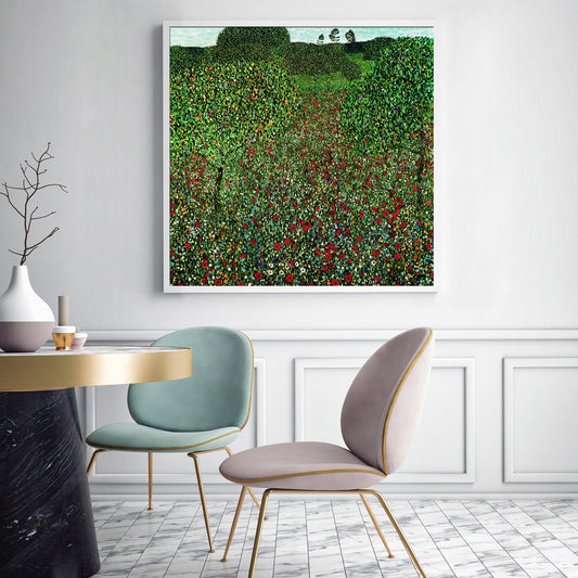 NNEDSZ Wall Art 40cmx40cm Field of Poppies by Gustav Klimt White Frame Canvas