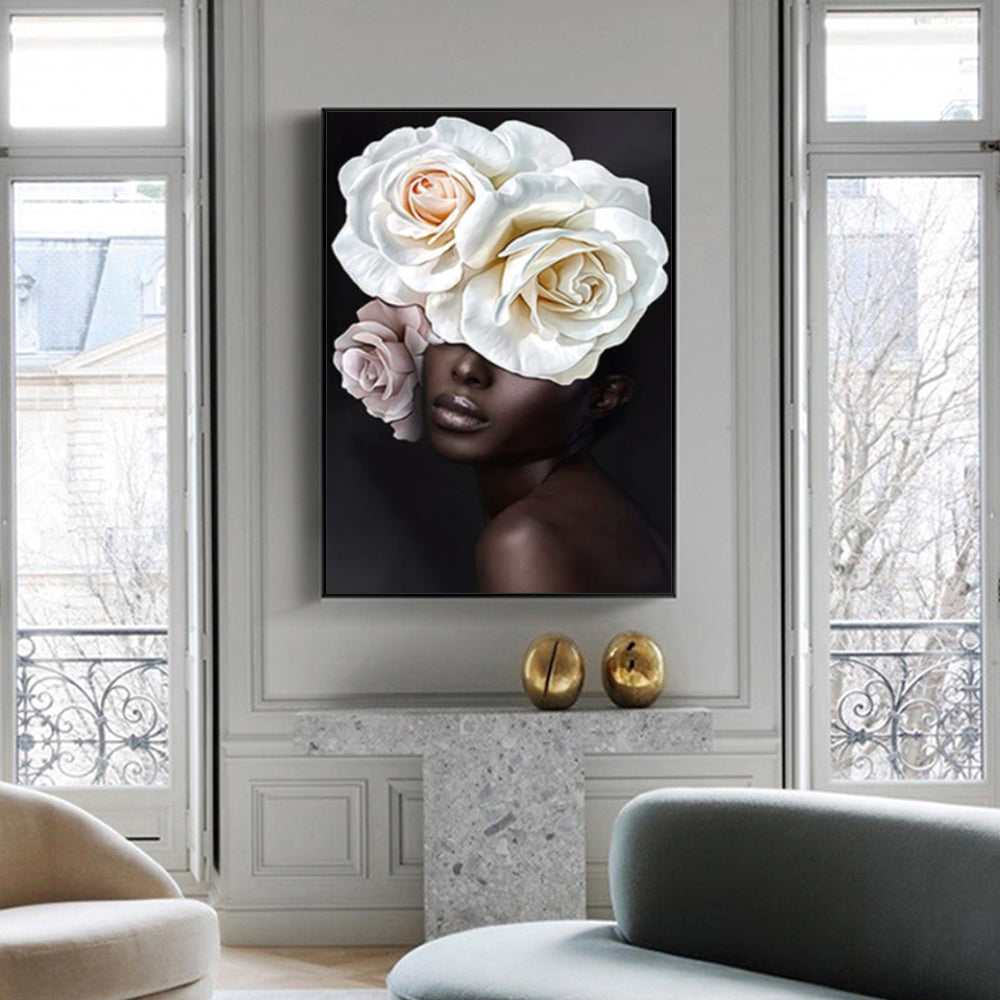 NNEDSZ Wall Art 90cmx135cm Flower African Woman Black Frame Canvas