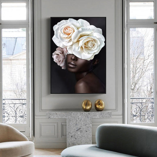 NNEDSZ Wall Art 90cmx135cm Flower African Woman Black Frame Canvas