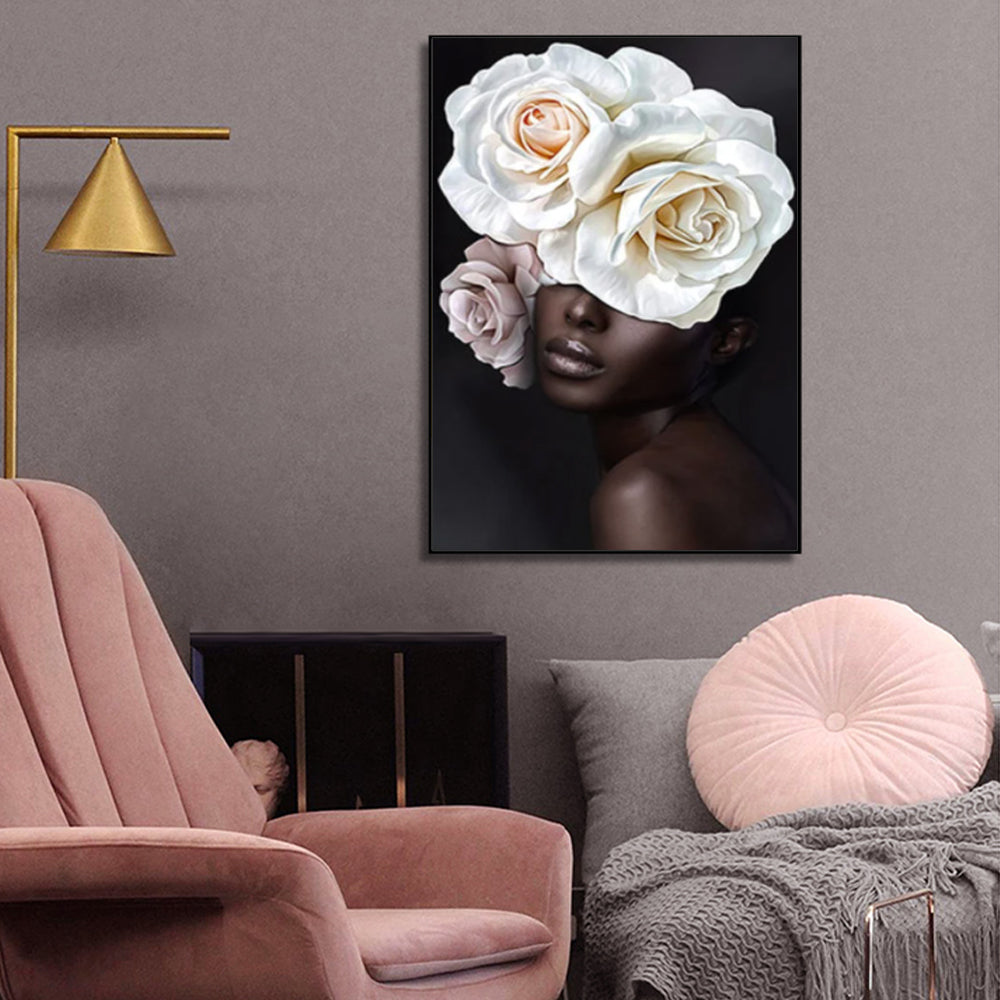 NNEDSZ Wall Art 90cmx135cm Flower African Woman Black Frame Canvas