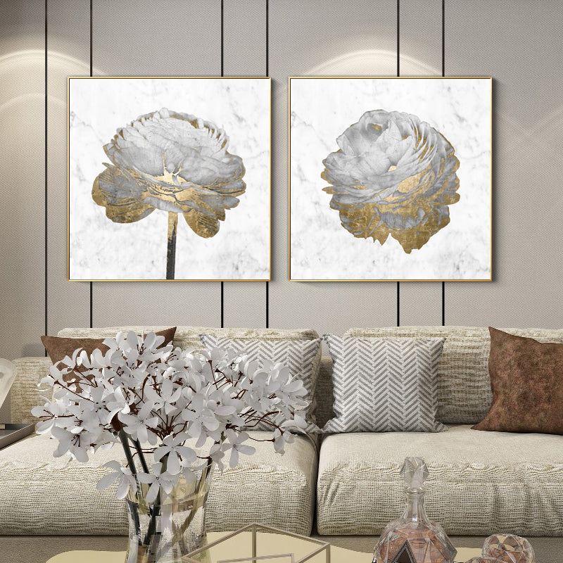 NNEDSZ Wall Art 80cmx80cm Gold And White Blossom On White 2 Sets Gold Frame Canvas