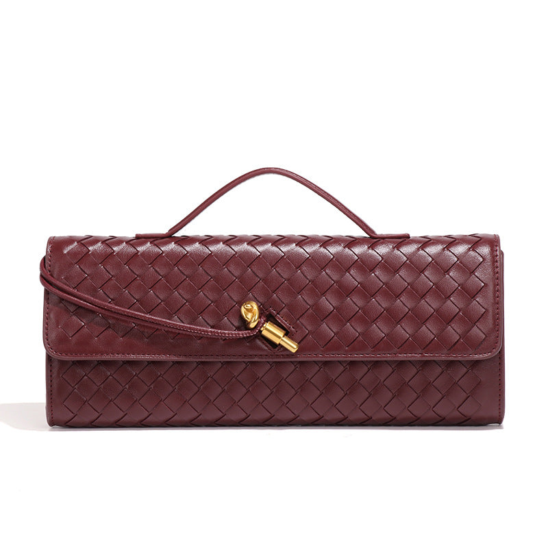 NNEDSZ Wine Red Luxury Woven PU Leather Clutch - Elegant Women's Evening Baguette Bag with Adjustable Shoulder Strap-0