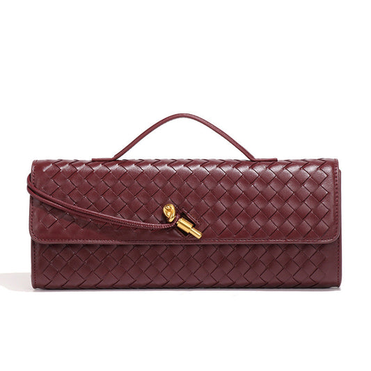 NNEDSZ Wine Red Luxury Woven PU Leather Clutch - Elegant Women's Evening Baguette Bag with Adjustable Shoulder Strap-0