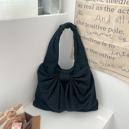 NNEDSZ Black Women's Bowknot Shoulder Bag - New Sweet Style, Large Capacity Canvas Tote Bag, Commuter Single Shoulder Handbag-0
