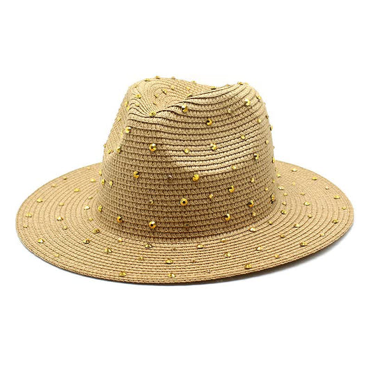 NNEDSZ Khaki Women's Wide-Brim Straw Hat with Rhinestones - Elegant and Breathable Sun Hat for Summer Outdoors,M(56-58cm)-0