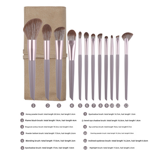 NNEDSZ Gray purple 12-Piece Professional Makeup Brush Set with Cosmetic Bag - Premium Synthetic Fiber, Wooden Handle, Aluminum Tube-0