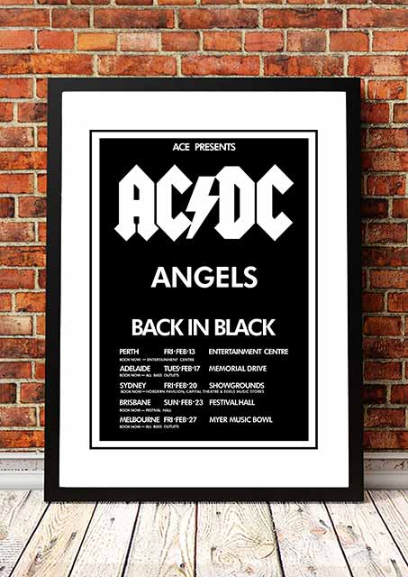 NNEDSZ AC/DC / The Angels (Angel City) 'Back In Black' Australian Tour Poster 1981 - Framed A1