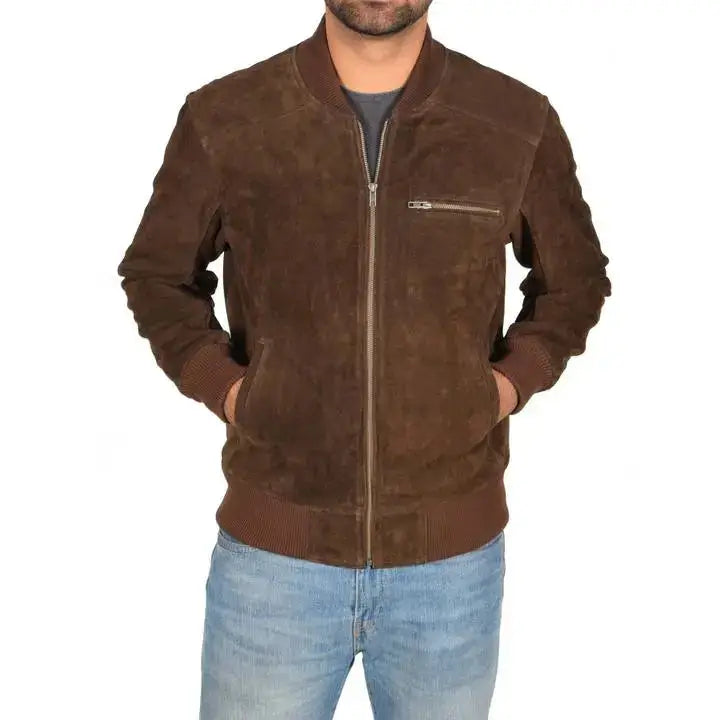 Men’s Chocolate Brown Suede Bomber Jacket