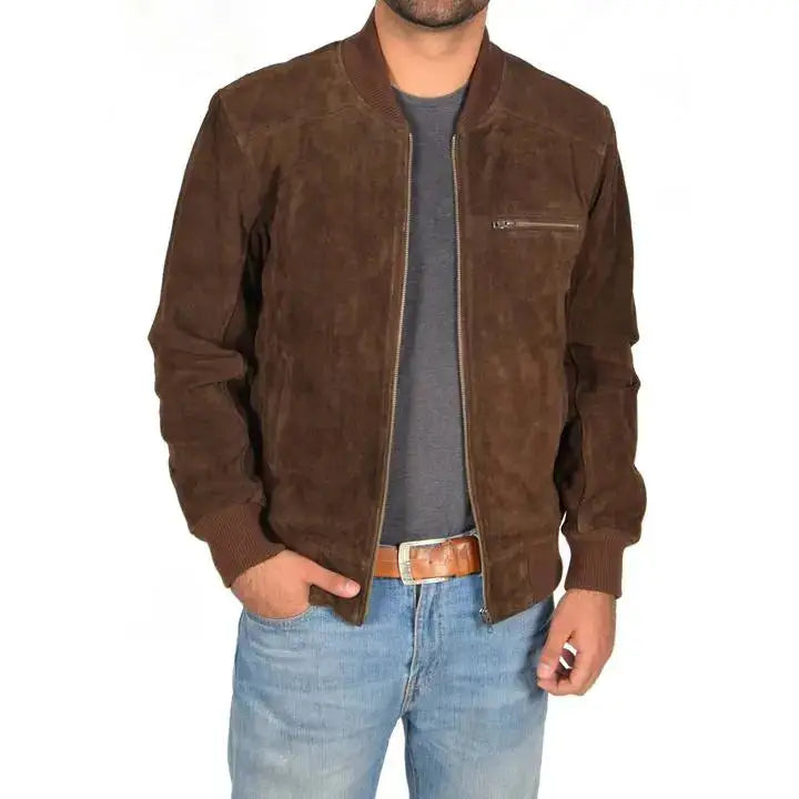 Men’s Chocolate Brown Suede Bomber Jacket