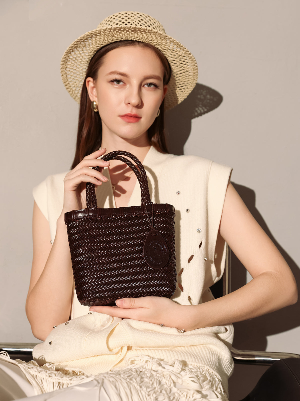 Chocolate Organic Reed Woven Basket Bag