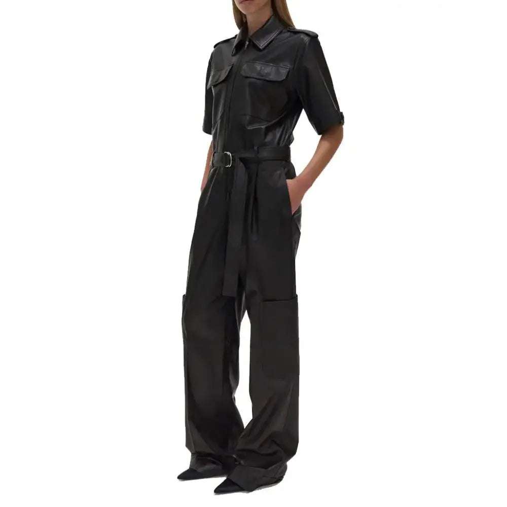 Women’s Classy Black Baggy Leather Jumpsuit