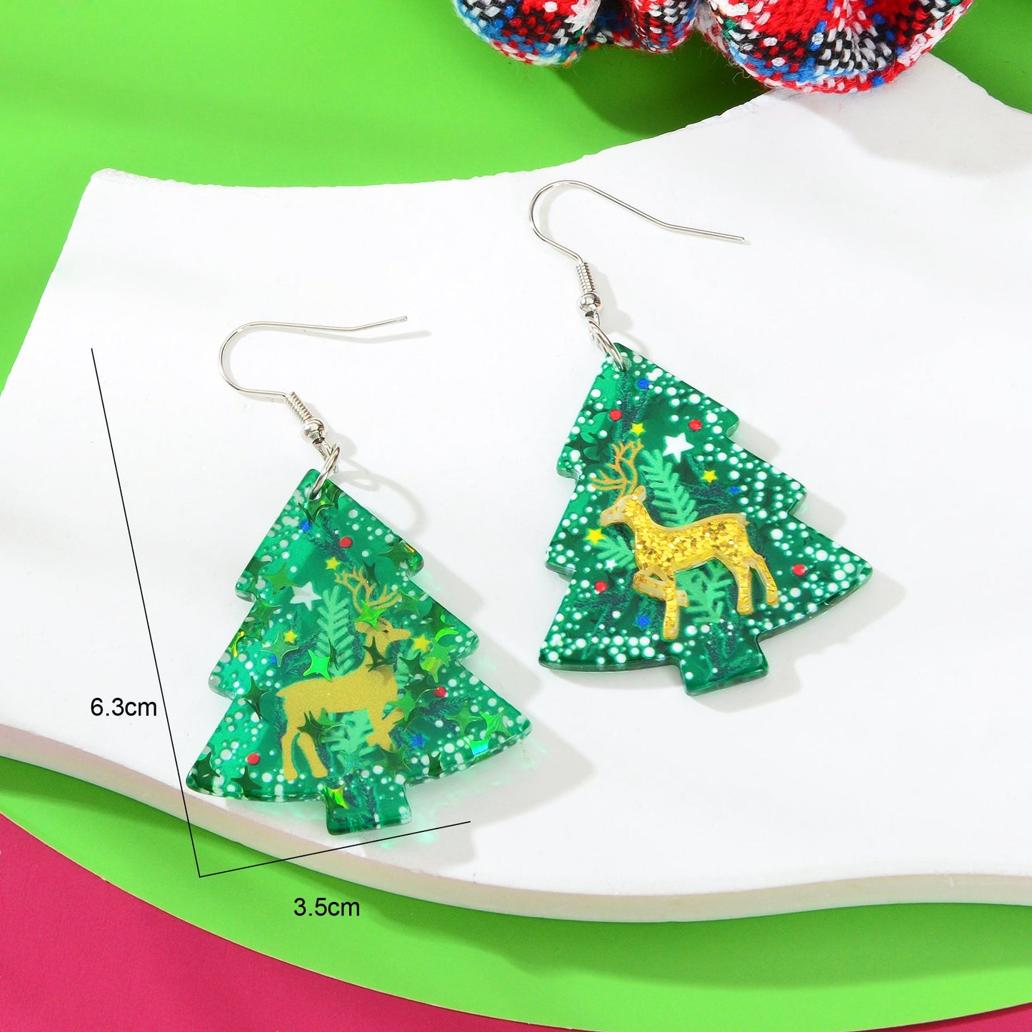 Deer Pattern Green Christmas Tree Acrylic Dangle Earrings Festival Jewellery-4