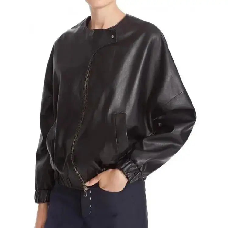 Women's Elegant Black Sheepskin Leather Bomber Jacket