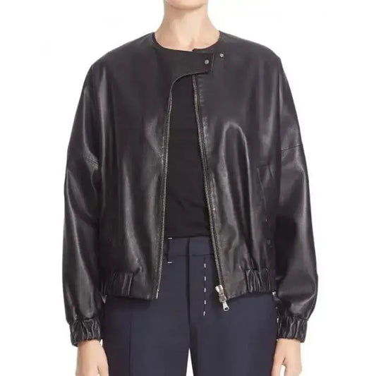 Women's Elegant Black Sheepskin Leather Bomber Jacket