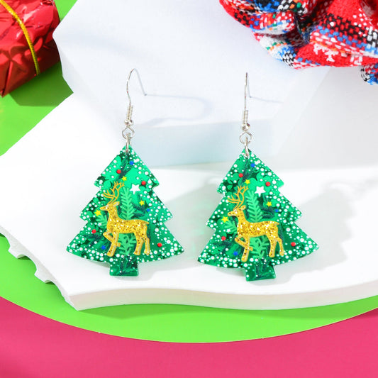 Deer Pattern Green Christmas Tree Acrylic Dangle Earrings Festival Jewellery-0